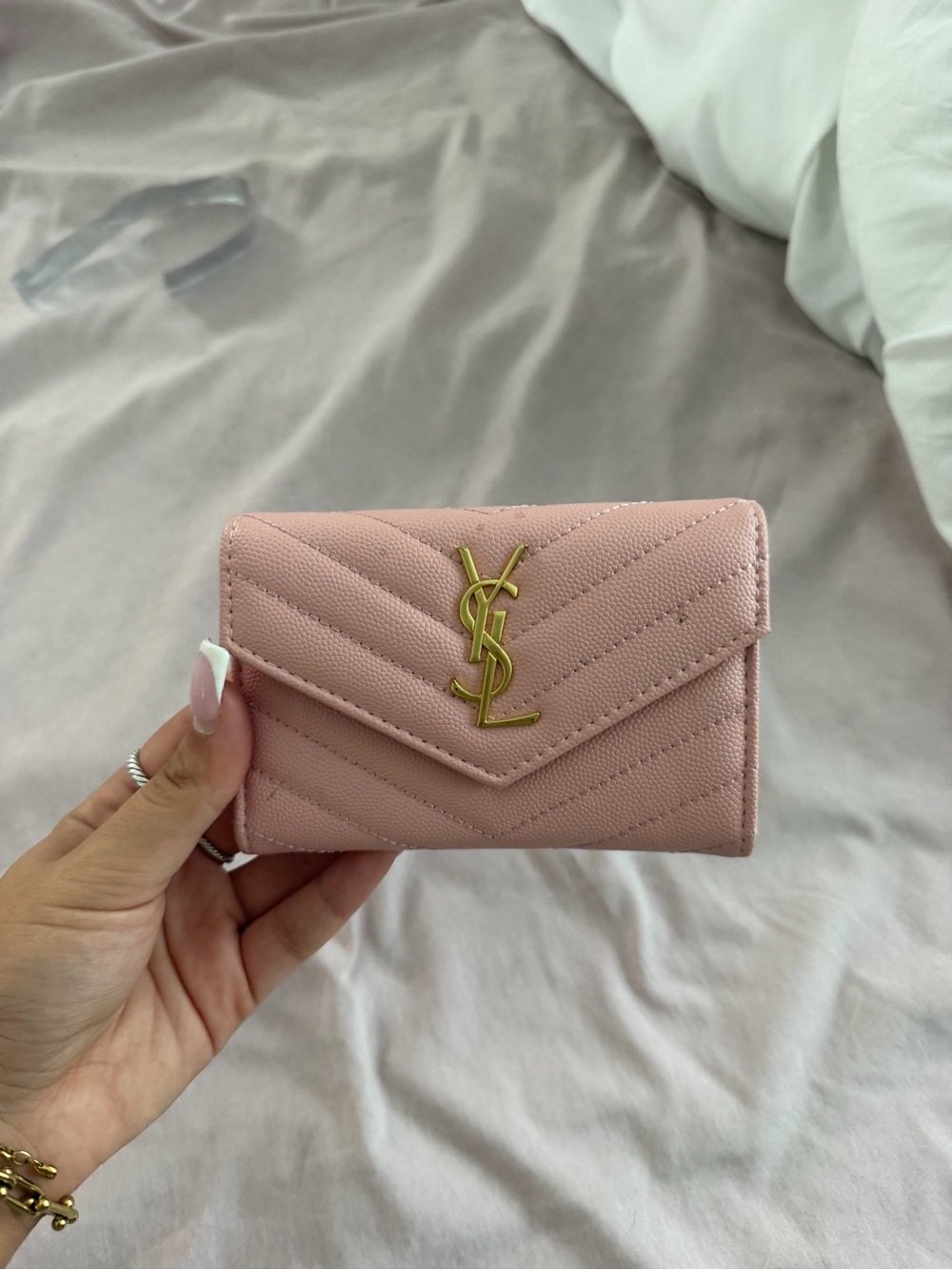 Saint Laurent Pink Quilted Leather Wallet with Gold YSL Logo